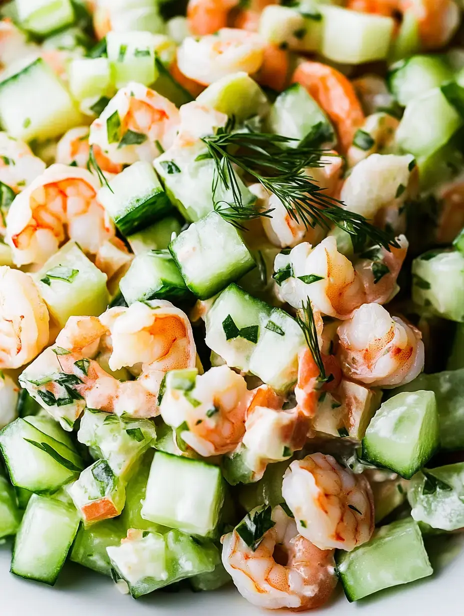 A close-up of a colorful shrimp and cucumber salad garnished with fresh herbs.