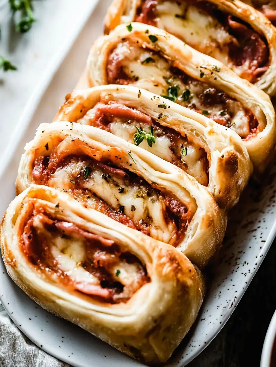 A close-up view of a plate displaying neatly sliced, flaky pastries filled with cheese and tomato sauce, garnished with herbs.