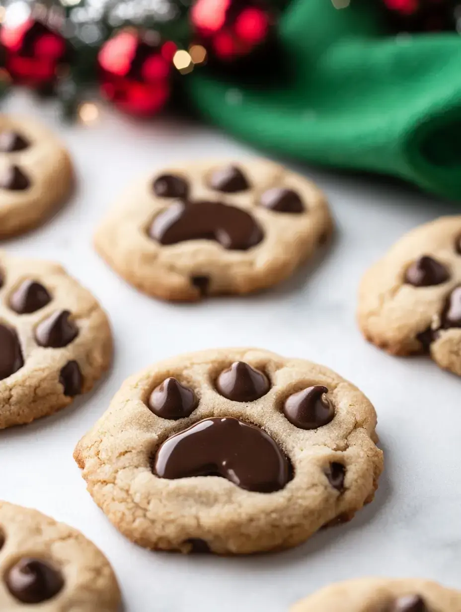 A close-up of freshly baked cookies shaped like paw prints, featuring chocolate chips in the center and surrounded by festive decorations.