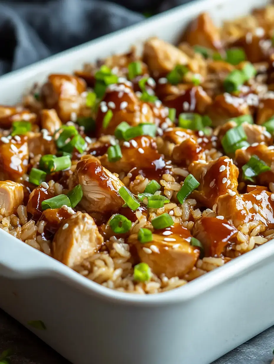 A close-up of a dish featuring chicken pieces and rice topped with green onions and sesame seeds in a white baking dish.