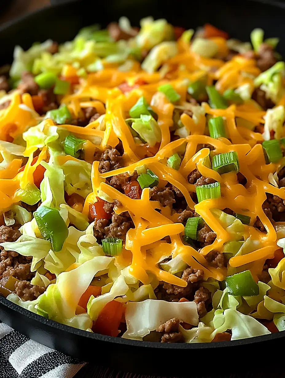 A close-up of a skillet filled with ground beef, chopped cabbage, diced tomatoes, and shredded cheese, garnished with green onions.