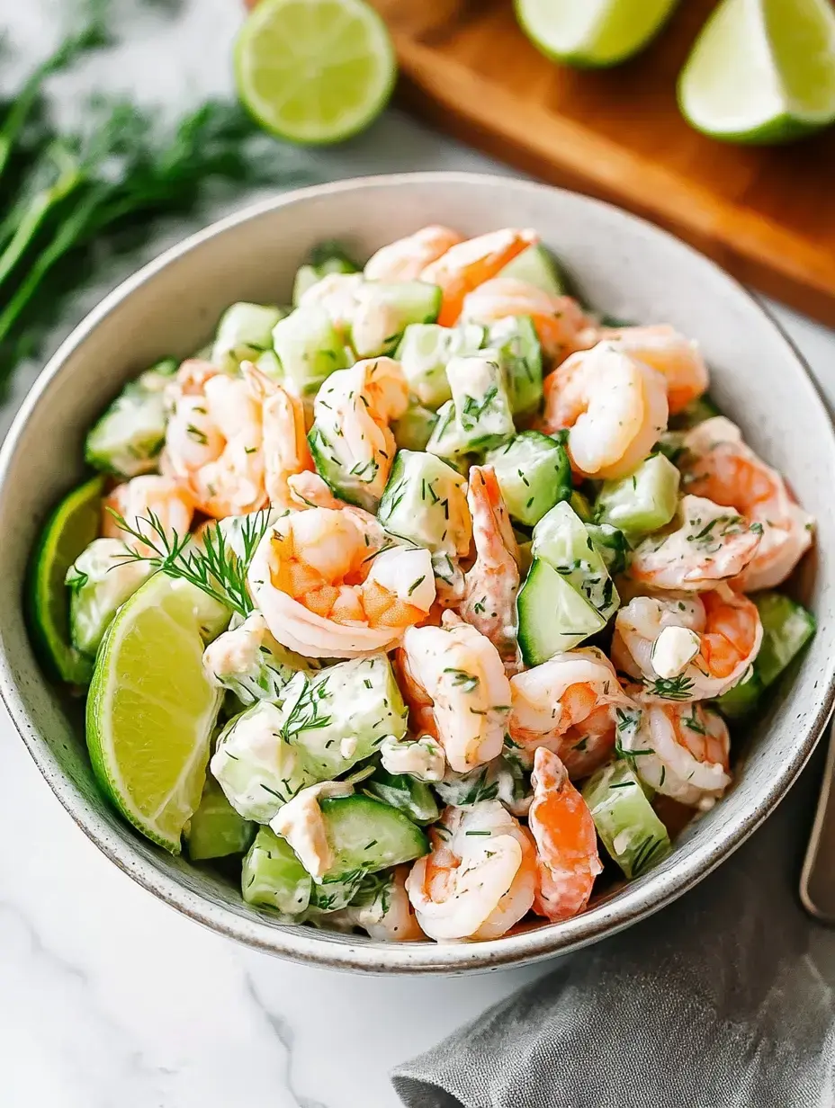 A bowl of shrimp salad mixed with cucumber and garnished with lime wedges and fresh dill.