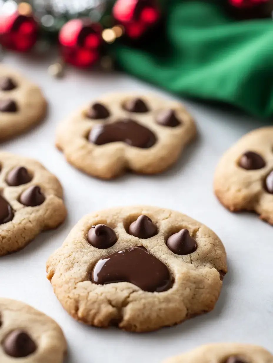 A plate of cookies shaped like animal paw prints, featuring chocolate chips and melts in the center, next to festive decorations.