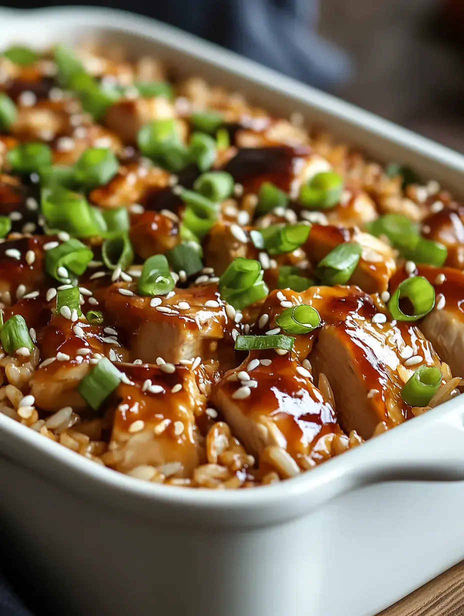 A close-up view of a dish featuring sliced chicken drenched in a shiny sauce, garnished with sesame seeds and chopped green onions, served over rice.