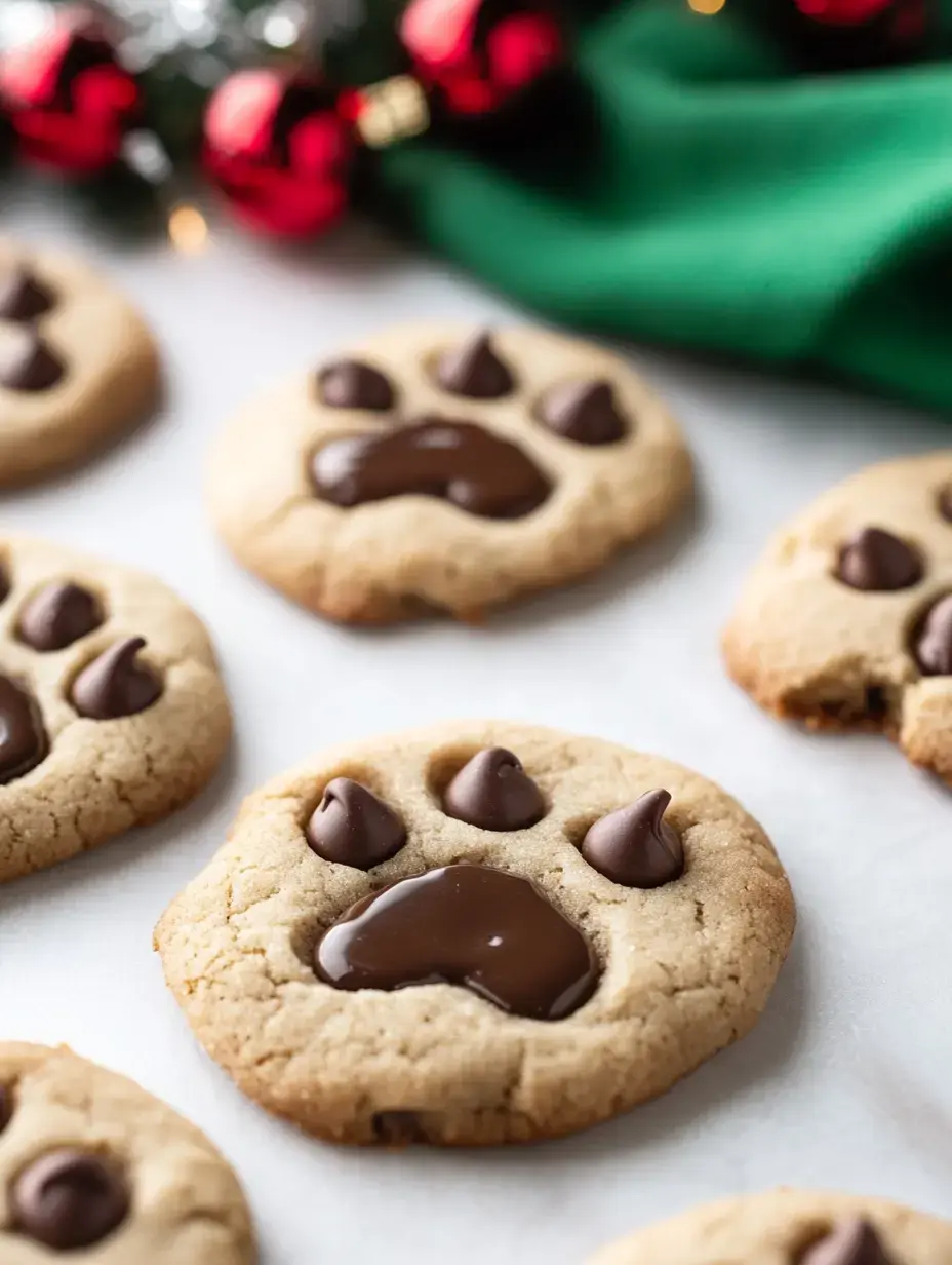 A close-up of freshly baked cookies shaped like paw prints, decorated with chocolate chips.