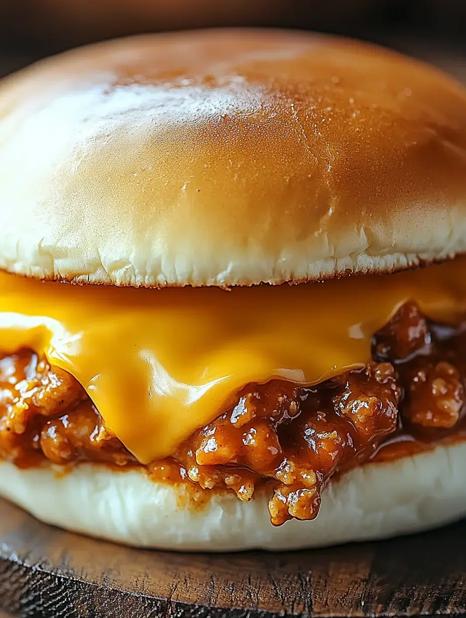 A close-up of a hamburger with a golden bun, melted cheddar cheese, and a savory sauce-covered filling.