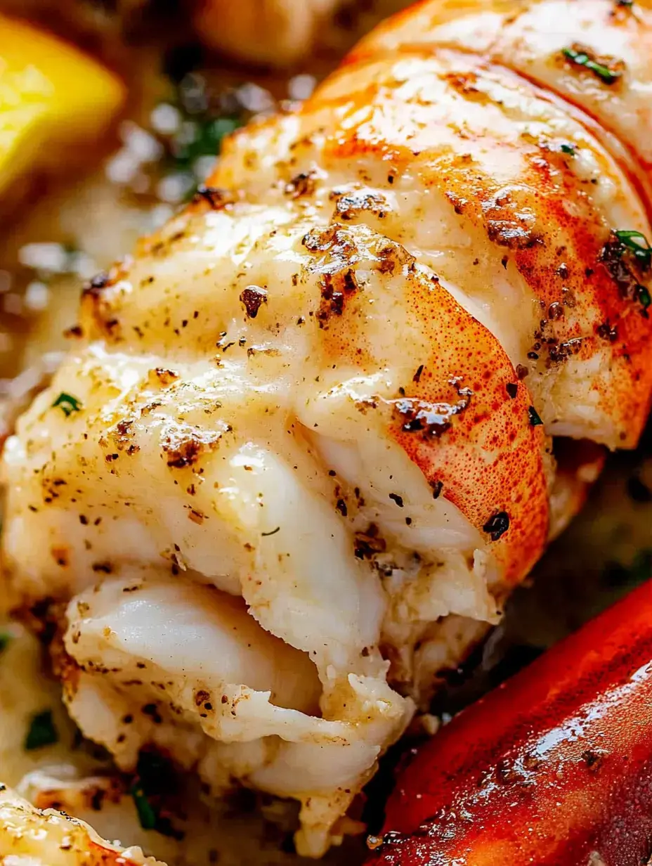 Close-up of a cooked lobster tail with a golden brown surface and seasonings, showcasing its tender white meat beside a lobster claw.