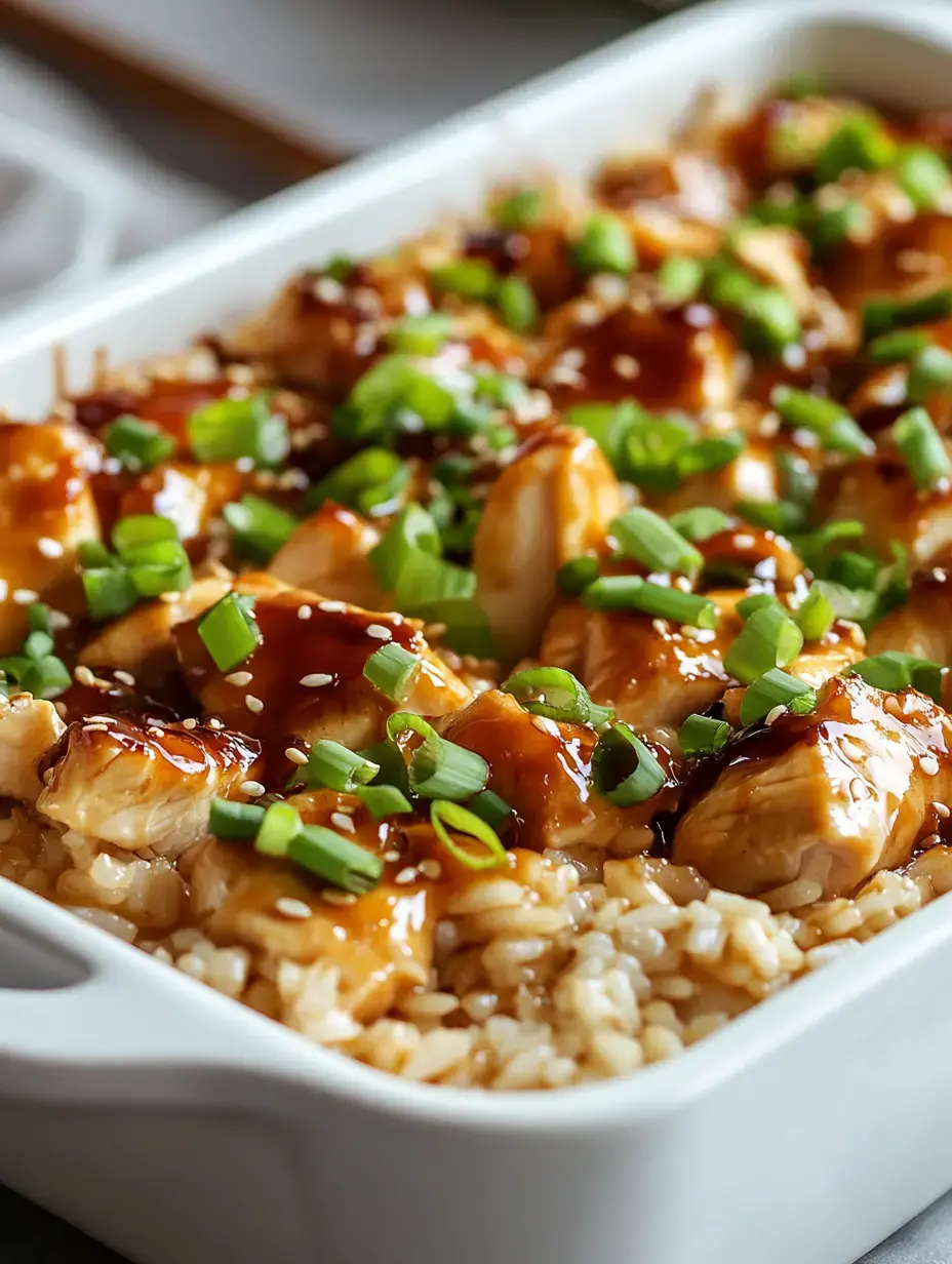 A close-up of a dish featuring pieces of chicken glazed in a brown sauce, served over brown rice and topped with chopped green onions.