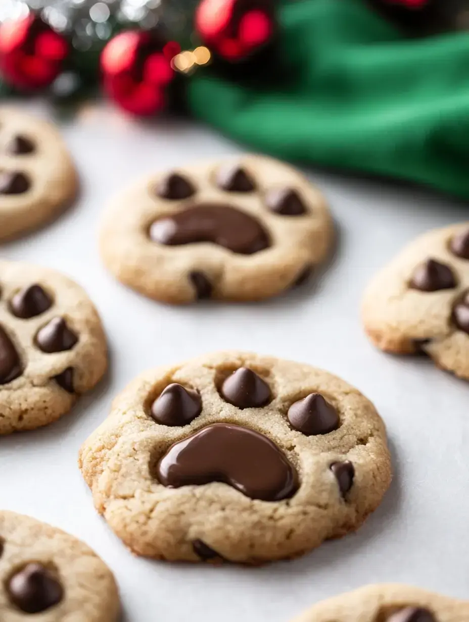 A close-up of paw-shaped cookies with chocolate chips and glossy chocolate centers, arranged on a light surface.