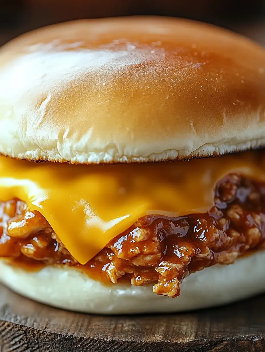 A delicious hamburger featuring a soft bun, melted cheese, and a hearty meat filling in barbecue sauce.