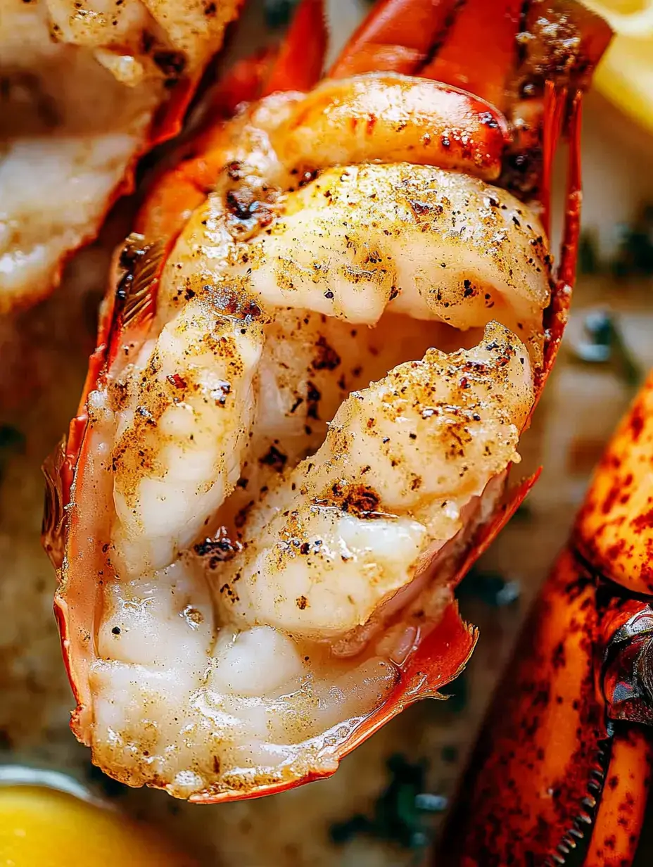 Close-up of a cooked lobster tail with golden-brown seasoning.