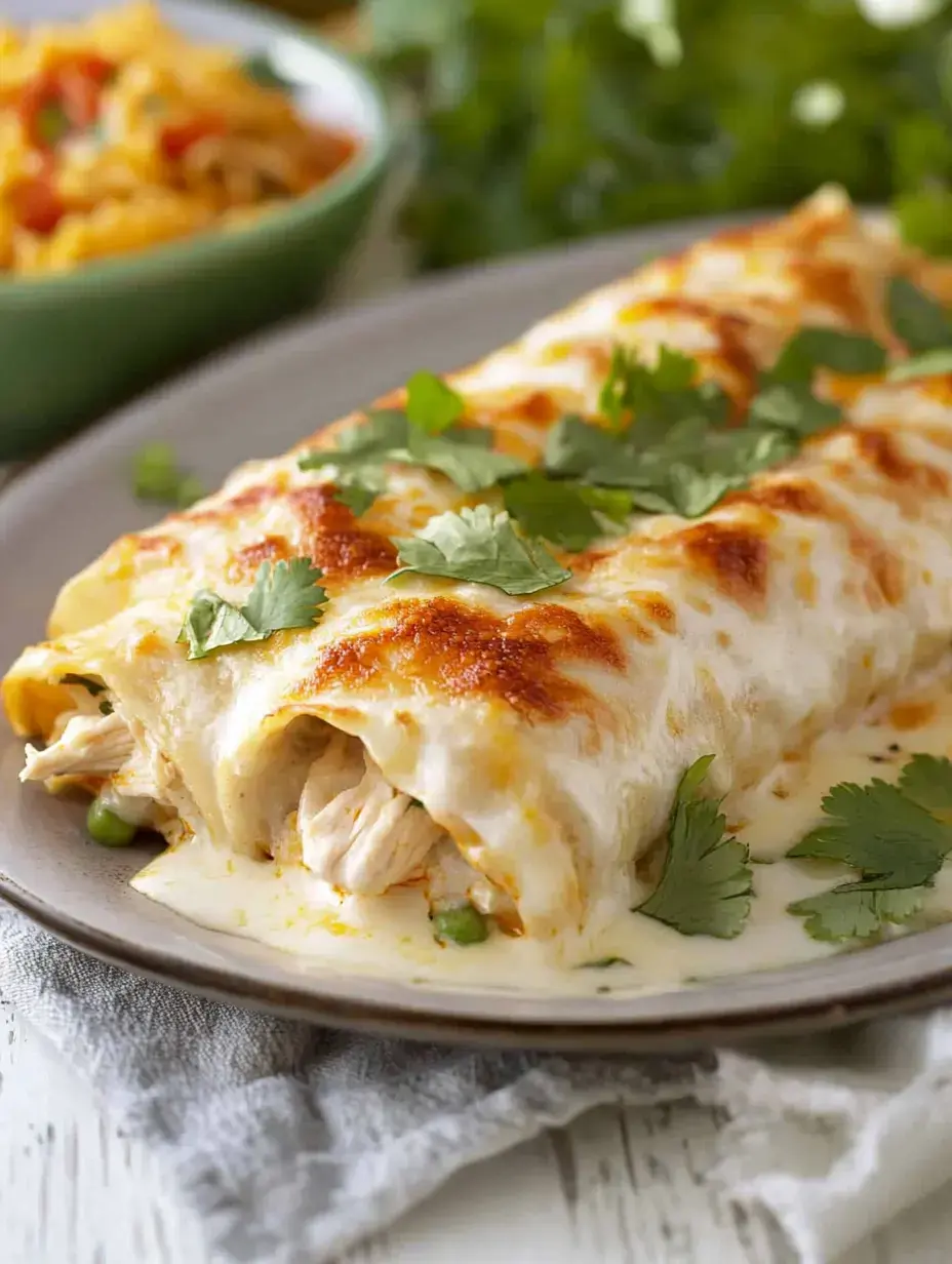 A close-up of creamy chicken enchiladas topped with melted cheese and fresh cilantro on a plate, with a side of rice in the background.