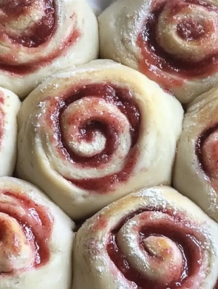 A close-up of freshly rolled dough spirals filled with a sweet red filling, dusted with flour.