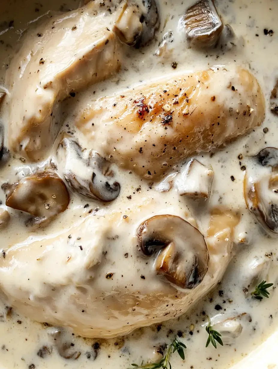 A close-up of tender chicken pieces in a creamy mushroom sauce, garnished with a sprig of thyme.