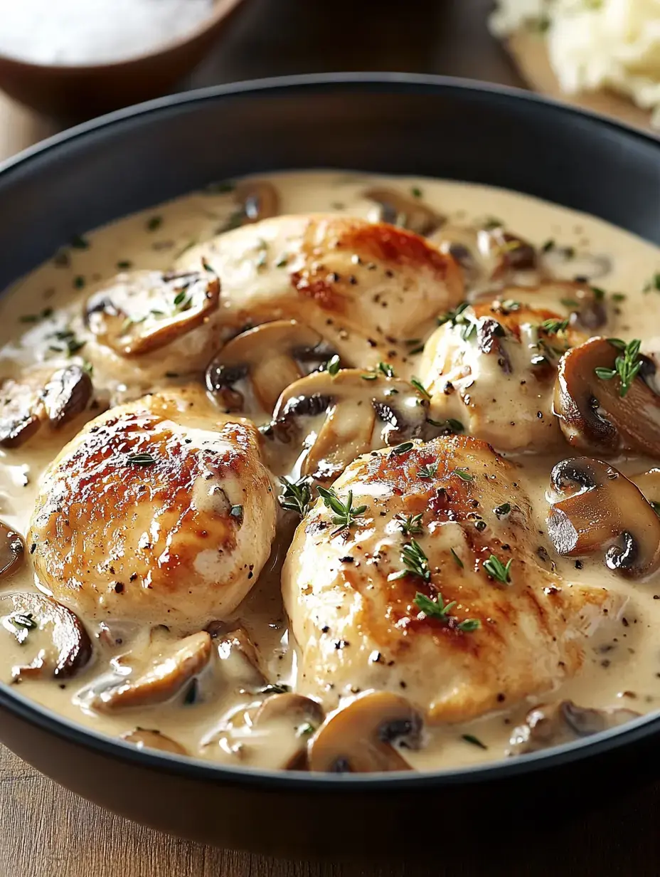 A bowl of creamy chicken dish featuring sautéed chicken breasts and mushrooms garnished with thyme.