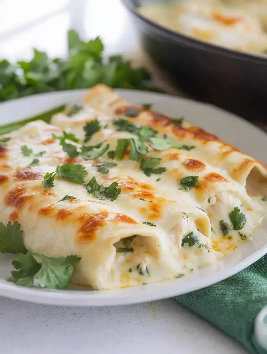 A plate of cheesy enchiladas topped with fresh cilantro, served alongside green herbs.