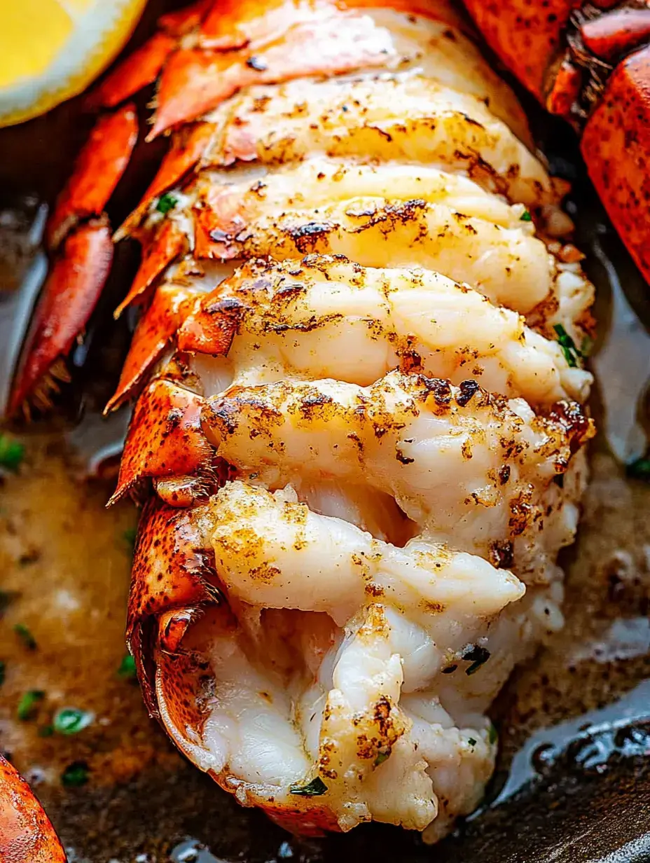 Grilled lobster tail is served with a garnish of herbs and a slice of lemon.