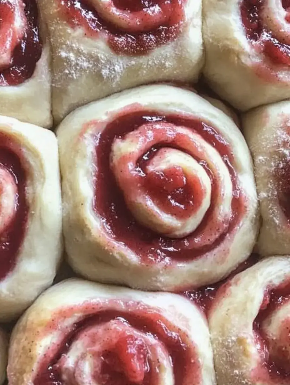 A close-up of freshly rolled sweet dough spirals filled with a red fruit jam topping.