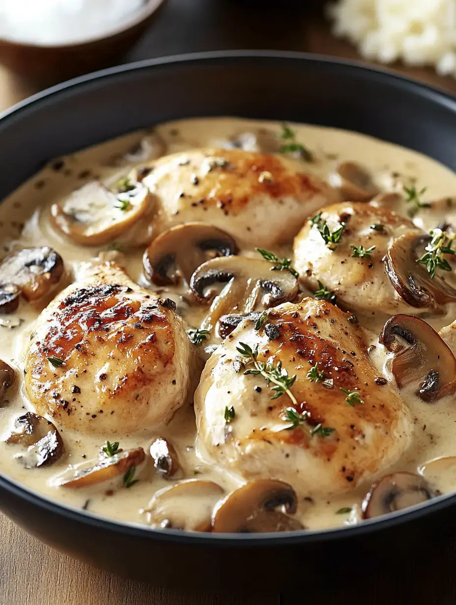 A close-up view of creamy chicken breast pieces cooked with mushrooms and garnished with fresh thyme in a dark bowl.