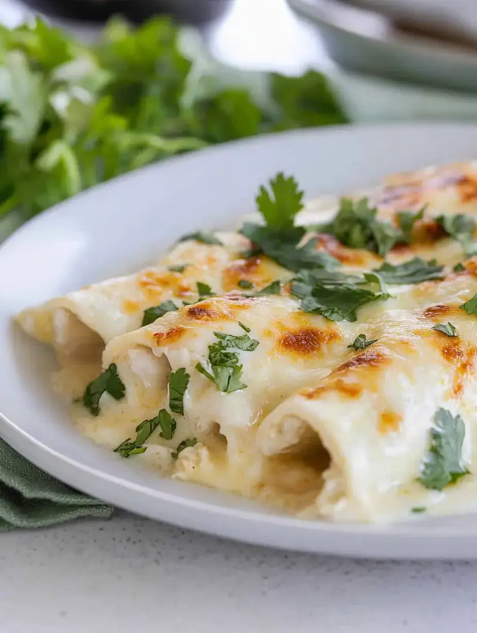 A plate of creamy, cheesy enchiladas garnished with fresh cilantro.