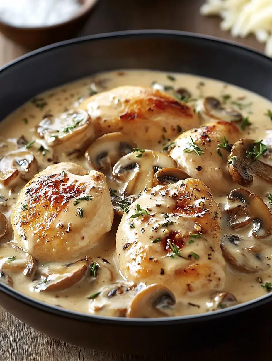 A close-up of chicken breasts cooked in a creamy mushroom sauce, garnished with fresh herbs, served in a black bowl.