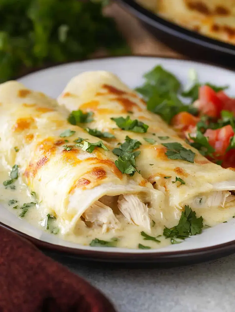 A plate of cheesy chicken enchiladas topped with cilantro and served with a side of diced tomatoes.