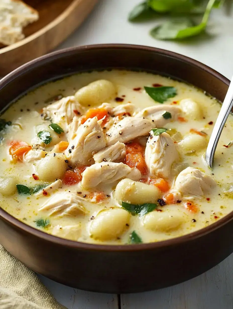 A bowl of creamy chicken soup with gnocchi, carrots, and herbs, garnished with black pepper and red pepper flakes.