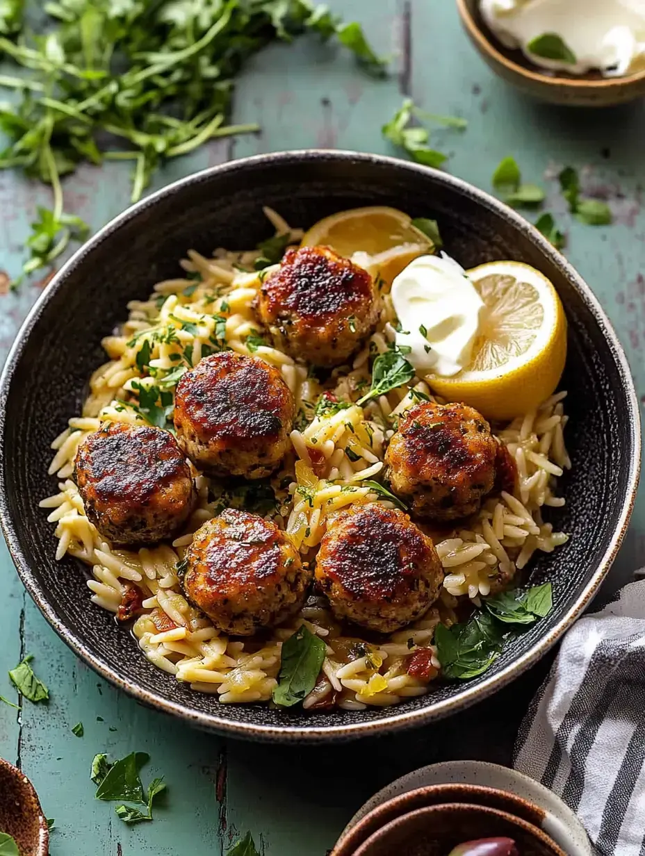 A bowl of orzo pasta topped with golden-brown meatballs, fresh herbs, lemon wedges, and a dollop of creamy sauce.