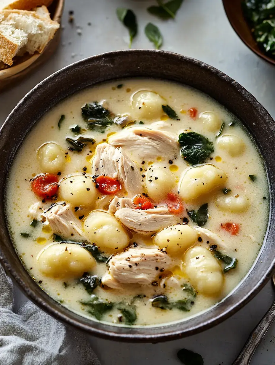 A bowl of creamy chicken and gnocchi soup with spinach and tomatoes, garnished with black pepper, alongside a plate of bread.