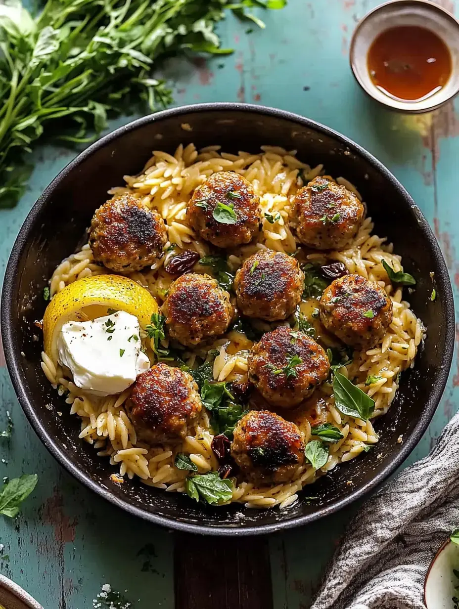 A black bowl filled with orzo pasta, topped with golden brown meatballs, a lemon wedge, a dollop of yogurt, and garnished with fresh herbs.