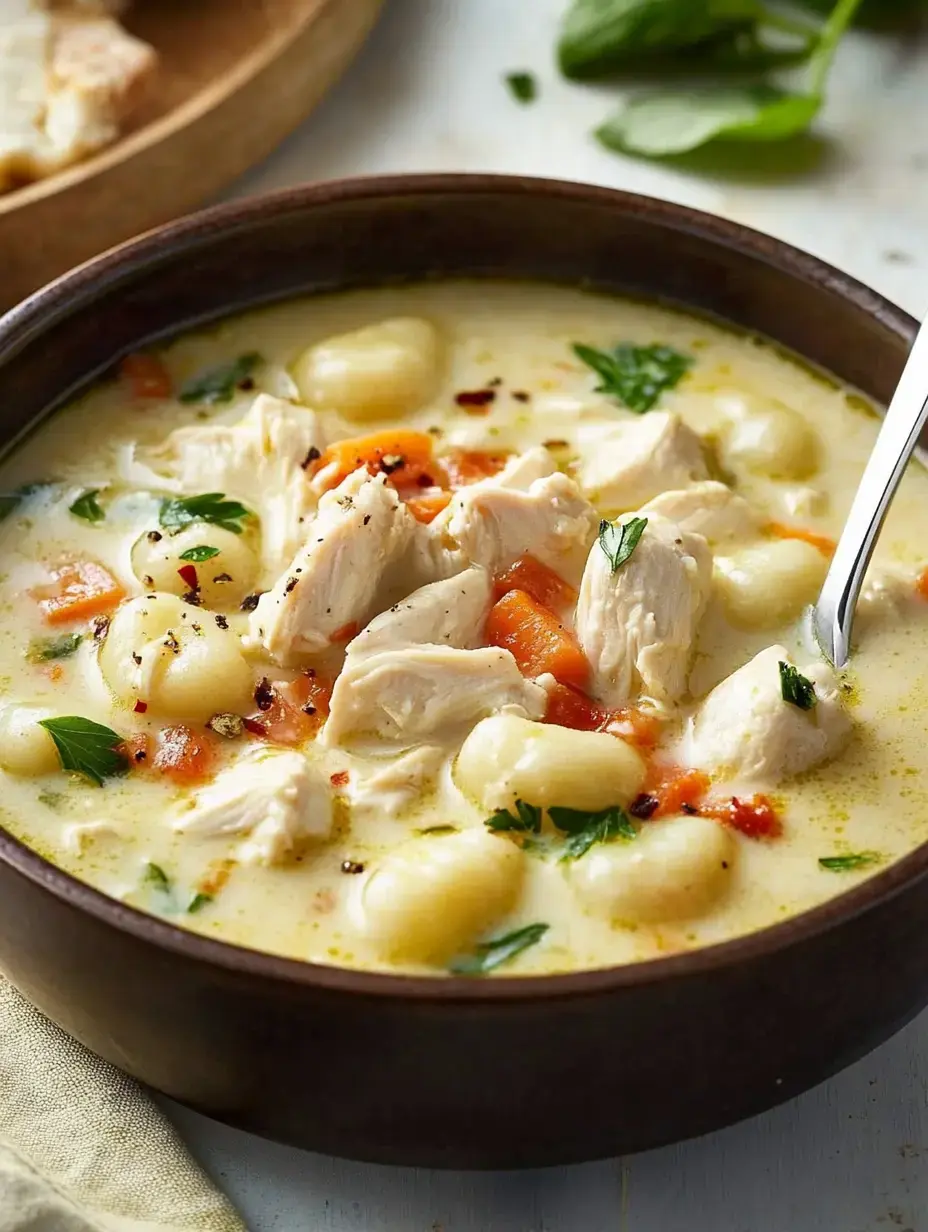 A close-up of a hearty chicken and gnocchi soup garnished with parsley and vegetables in a brown bowl.