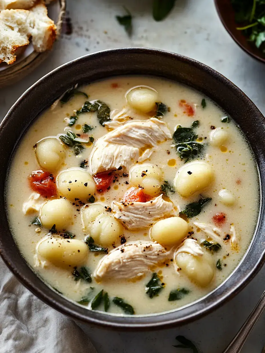 A bowl of creamy chicken soup with gnocchi, spinach, and tomatoes, garnished with pepper, next to a basket of bread.