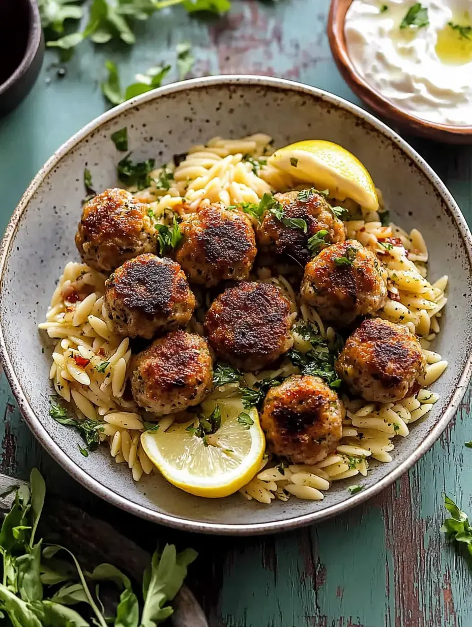 A bowl of orzo pasta topped with golden-brown meatballs, garnished with fresh herbs and lemon slices, served alongside a small dish of yogurt.