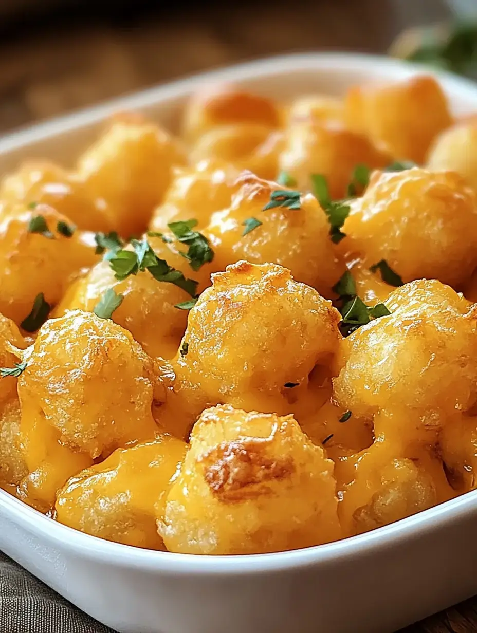 A close-up of a baked dish featuring golden, cheesy tater tots garnished with chopped parsley in a white serving bowl.