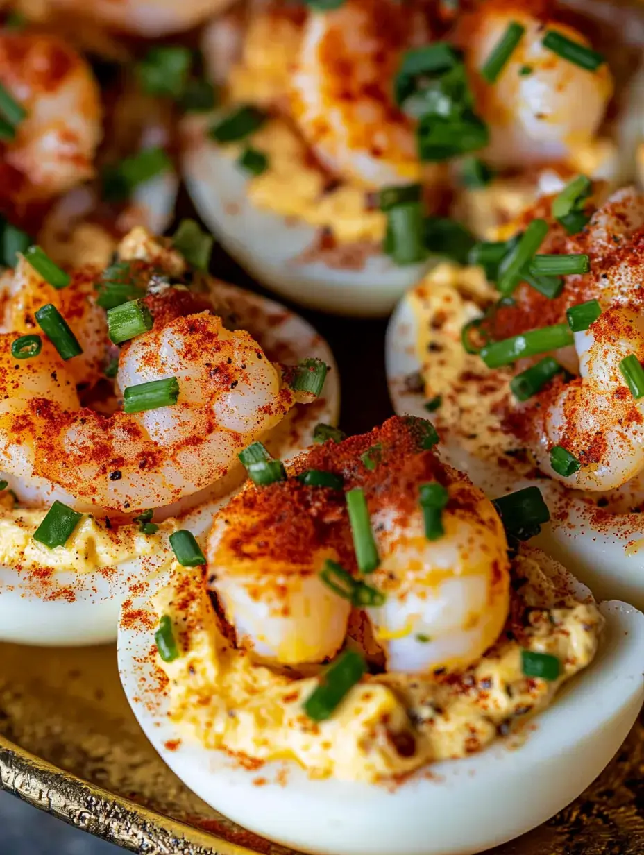 A close-up of deviled eggs topped with shrimp, paprika, and chopped green onions on a decorative plate.