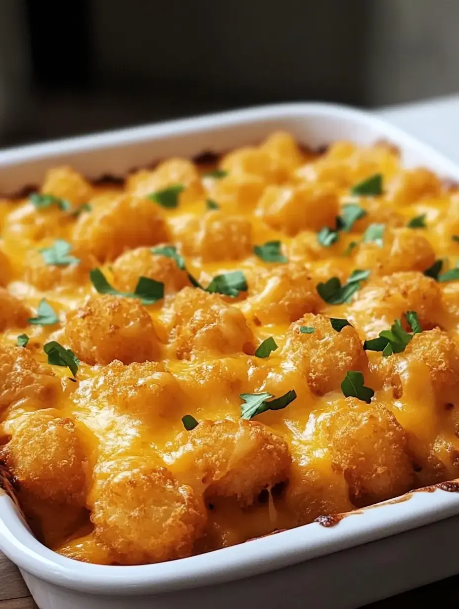 A baked dish topped with golden tater tots and melted cheese, garnished with fresh parsley.