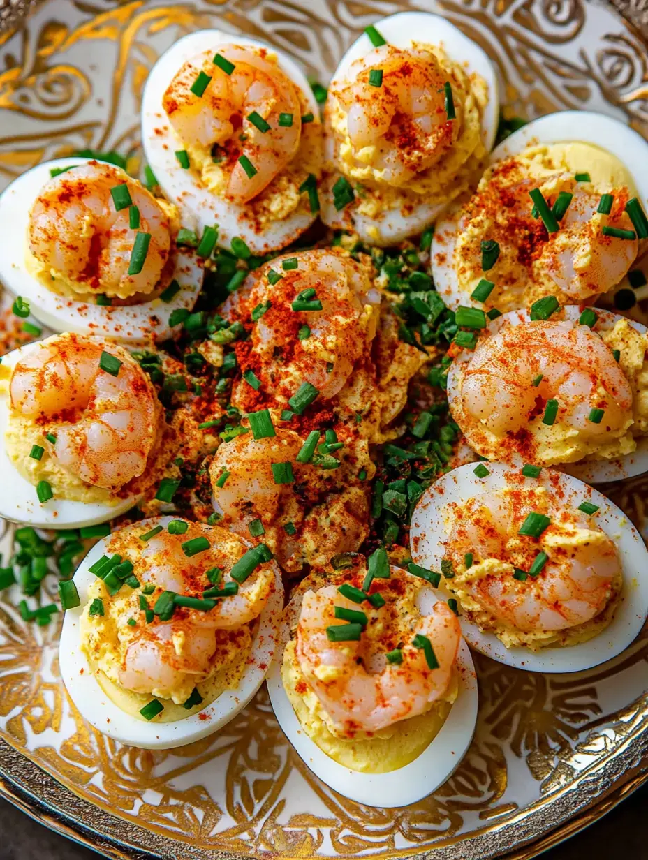 A decorative platter of deviled eggs topped with shrimp, chives, and paprika.