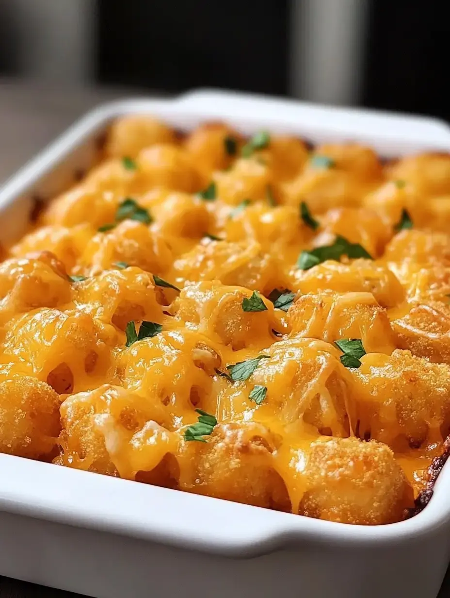 A casserole dish filled with golden, cheesy tater tots topped with green parsley.