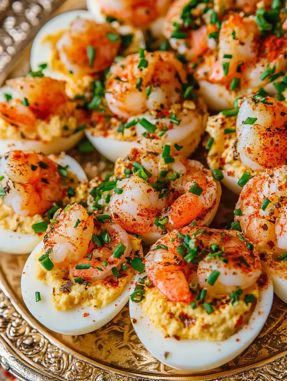 A plated dish of deviled eggs topped with shrimp, garnished with paprika and chopped chives.