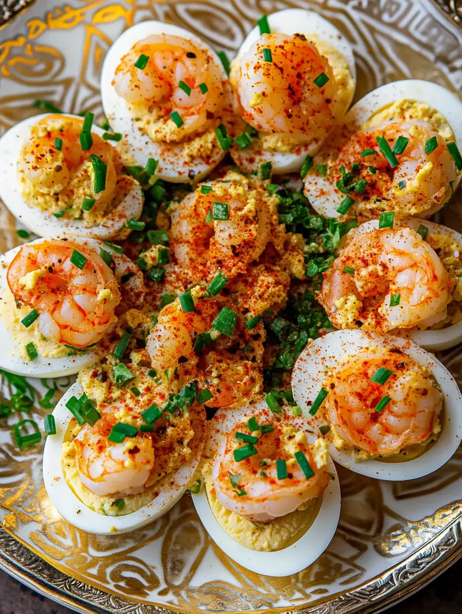 A decorative plate of deviled eggs topped with shrimp, garnished with green onions and paprika.