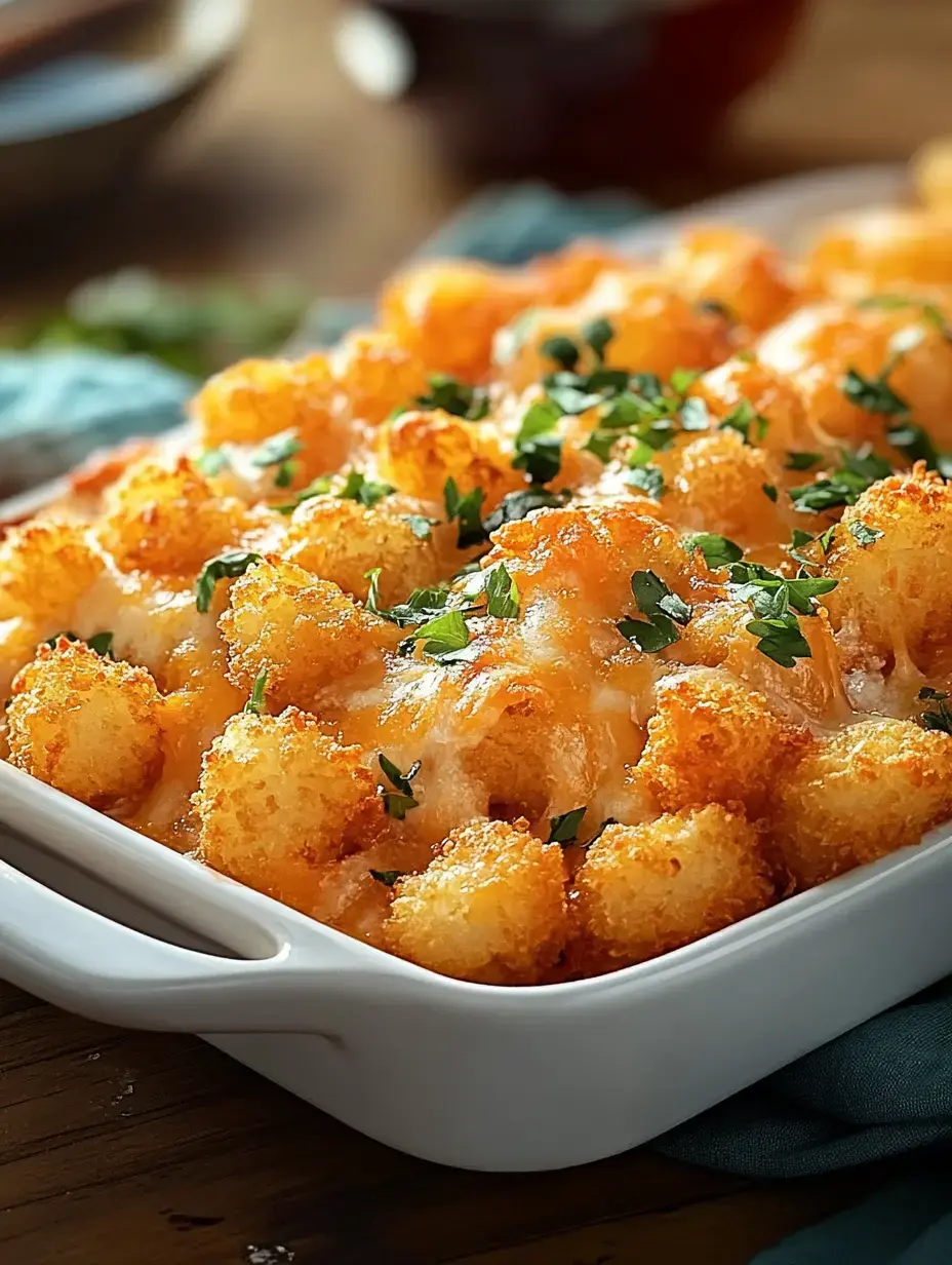 A baked dish topped with golden, crispy tater tots and sprinkled with fresh herbs.