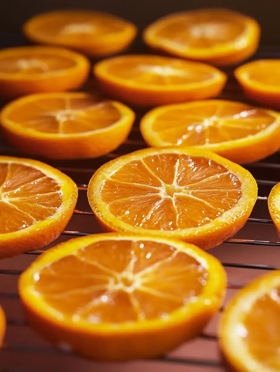 A close-up of freshly sliced orange halves arranged on a cooling rack.