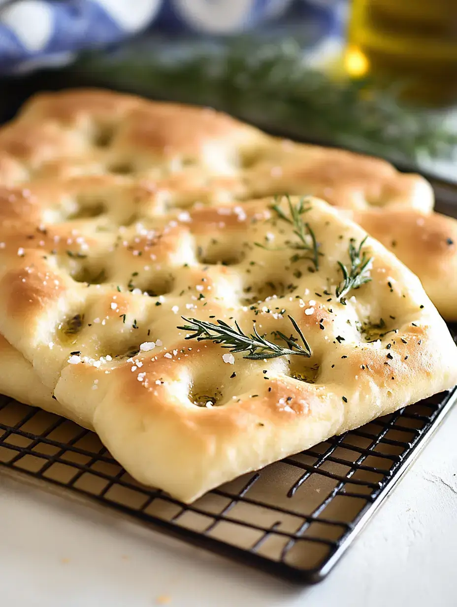 A freshly baked focaccia bread topped with rosemary and sea salt, resting on a cooling rack.