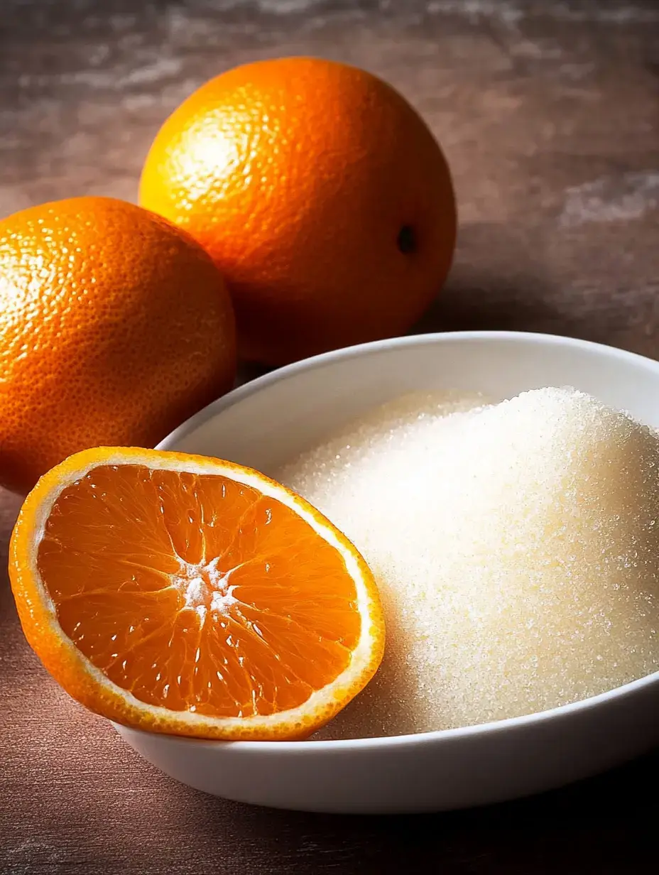 A halved orange sits next to a bowl of granulated sugar, with two whole oranges in the background.