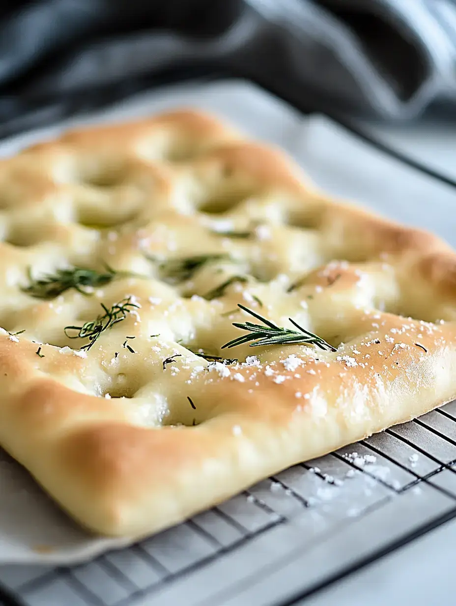 A freshly baked focaccia bread topped with rosemary and sea salt, resting on a cooling rack.