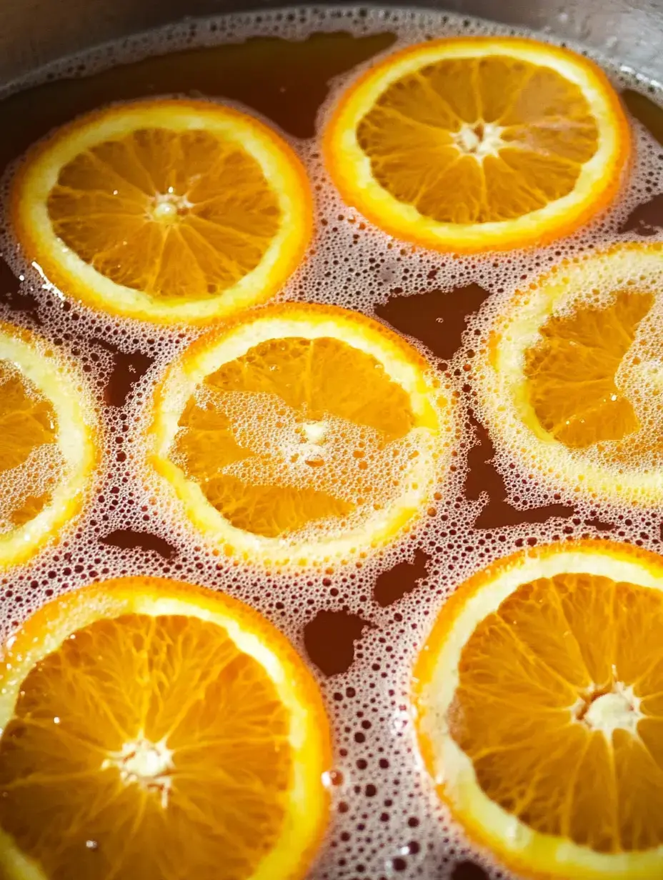 Sliced oranges float in a bubbly liquid, creating a colorful and refreshing scene.