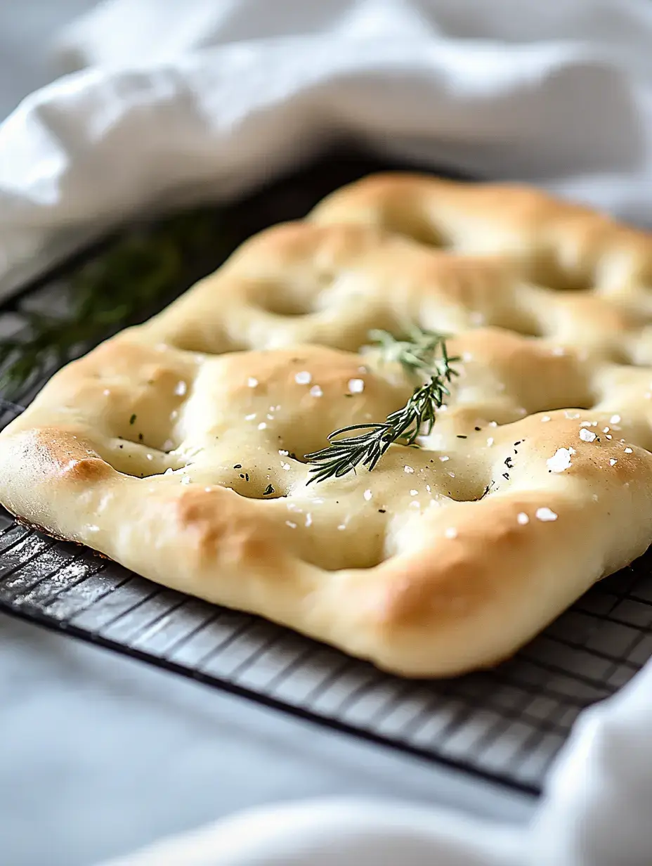 A freshly baked focaccia bread garnished with a sprig of rosemary and sprinkled with sea salt, resting on a cooling rack.