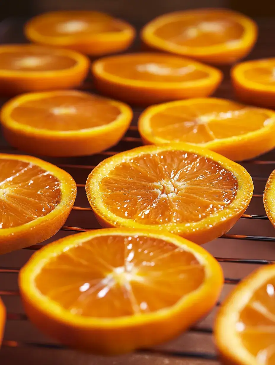 Freshly sliced orange halves lie on a cooling rack, showcasing their vibrant, juicy interiors.