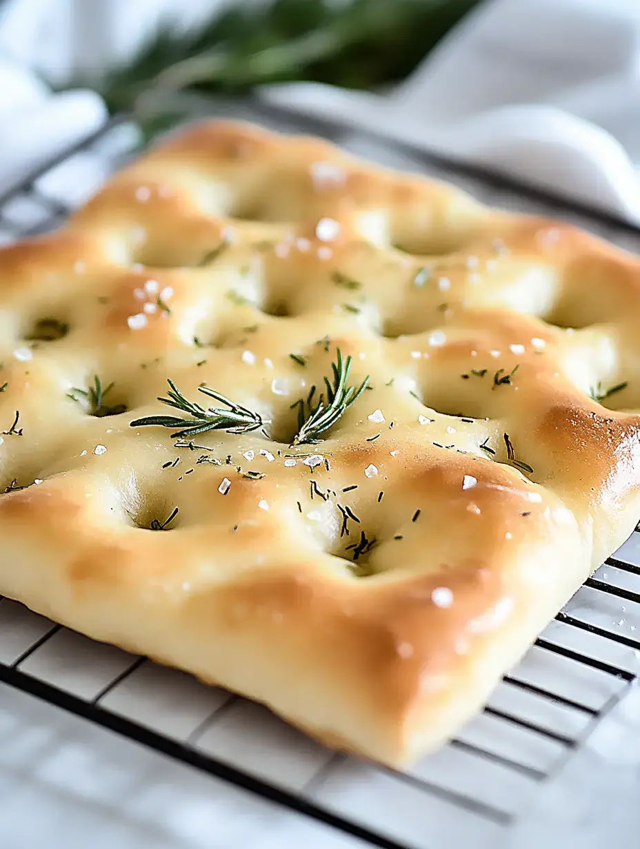 A freshly baked focaccia bread topped with rosemary and sea salt, resting on a cooling rack.