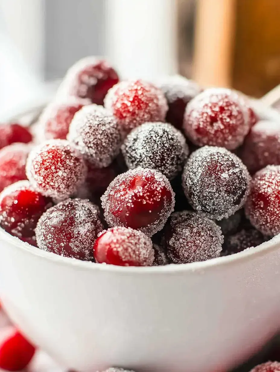 A close-up of a bowl filled with red cranberries coated in a layer of sugar.